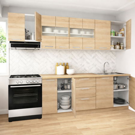 Bucatarii Moderne - Set bucatarie GERMANIA 260 cm, 7 corpuri, 3 sertare, blat gros, sonoma