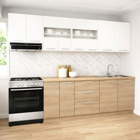 Set bucatarie GERMANIA 260 cm, 7 corpuri, 3 sertare, blat gros, sonoma + alb [0]