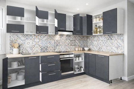 Bucatarii Moderne - Set bucatarie colt GERMANIA 300 x 140 cm, 11 corpuri, corp cuptor, blat gros, soft-close, antracit