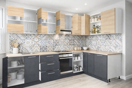 Bucatarii Moderne - Set bucatarie colt GERMANIA 300 x 140 cm, 11 corpuri, corp cuptor, blat gros, soft-close, antracit + sonoma