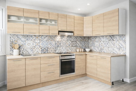 Bucatarii Moderne - Set bucatarie colt GERMANIA 300 x 140 cm, 11 corpuri, corp cuptor, blat gros, soft-close, sonoma