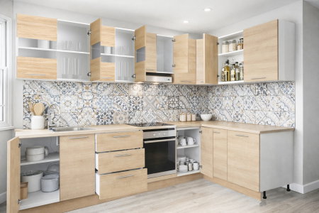 Bucatarii Moderne - Set bucatarie colt GERMANIA 300 x 140 cm, 11 corpuri, corp cuptor, blat gros, soft-close, sonoma