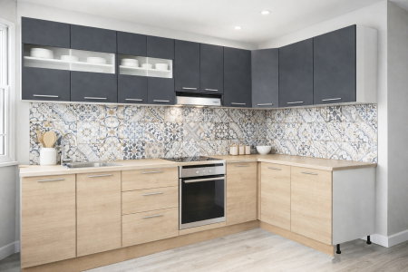 Bucatarii Moderne - Set bucatarie colt GERMANIA 300 x 140 cm, 11 corpuri, corp cuptor, blat gros, soft-close, sonoma + antracit