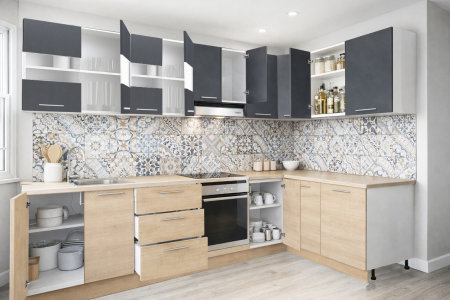 Bucatarii Moderne - Set bucatarie colt GERMANIA 300 x 140 cm, 11 corpuri, corp cuptor, blat gros, soft-close, sonoma + antracit