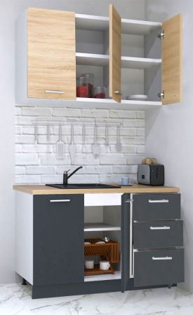 Produs în România - Set bucatarie GERMANIA 120 cm, 4 corpuri, 3 sertare, blat gros, antracit + sonoma