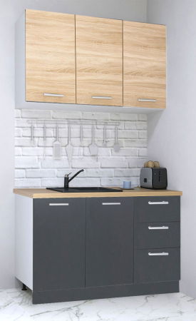 Produs în România - Set bucatarie GERMANIA 120 cm, 4 corpuri, 3 sertare, blat gros, antracit + sonoma