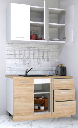 Bucatarii Moderne - Set bucatarie GERMANIA 120 cm, 4 corpuri, 3 sertare, blat gros, sonoma + alb