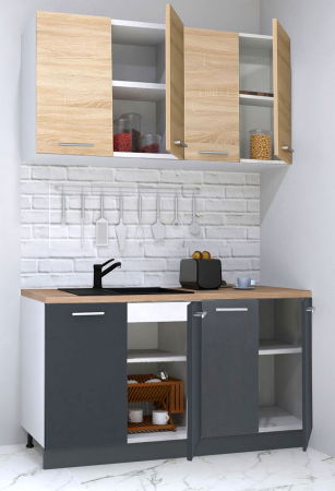 Produs în România - Set bucatarie GERMANIA 140 cm, 4 corpuri, blat gros, antracit + sonoma