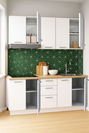 Bucatarii Moderne - Set bucatarie GERMANIA 160 cm, 6 corpuri, 3 sertare, blat gros, alb