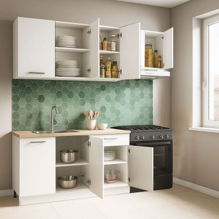 Bucatarii Moderne - Set bucatarie GERMANIA 180 cm, 5 corpuri, 1 sertar, blat gros, alb