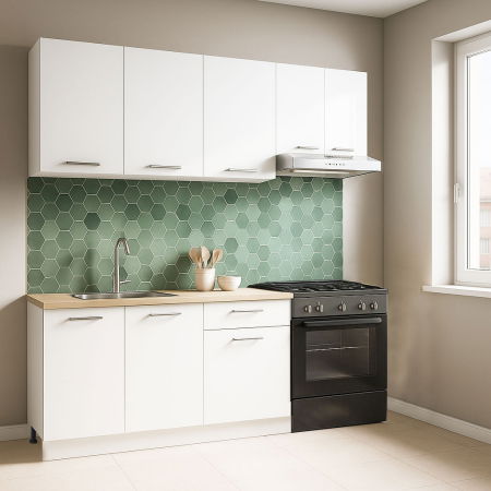 Bucatarii Moderne - Set bucatarie GERMANIA 180 cm, 5 corpuri, 1 sertar, blat gros, alb