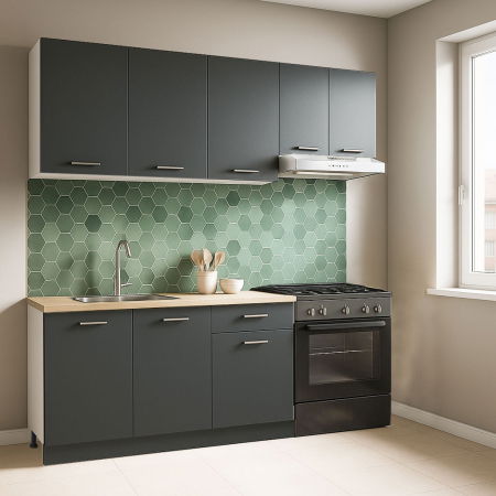 Produs în România - Set bucatarie GERMANIA 180 cm, 5 corpuri, 1 sertar, blat gros, antracit