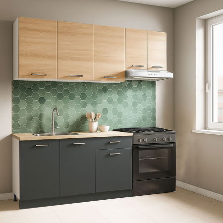 Produs în România - Set bucatarie GERMANIA 180 cm, 5 corpuri, 1 sertar, blat gros, antracit + sonoma