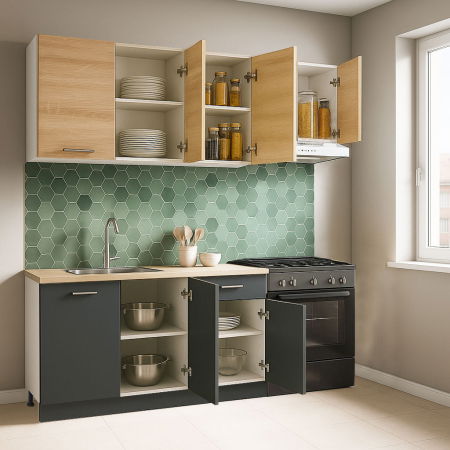 Produs în România - Set bucatarie GERMANIA 180 cm, 5 corpuri, 1 sertar, blat gros, antracit + sonoma