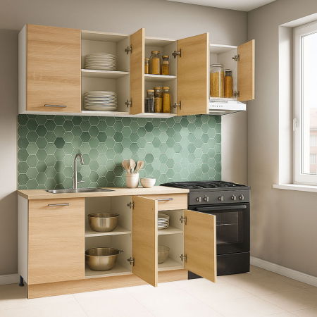 Produs în România - Set bucatarie GERMANIA 180 cm, 5 corpuri, 1 sertar, blat gros, sonoma