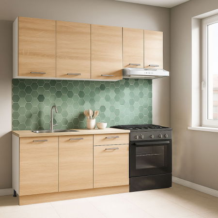 Produs în România - Set bucatarie GERMANIA 180 cm, 5 corpuri, 1 sertar, blat gros, sonoma