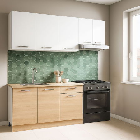 Produs în România - Set bucatarie GERMANIA 180 cm, 5 corpuri, 1 sertar, blat gros, sonoma + alb