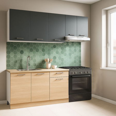 Produs în România - Set bucatarie GERMANIA 180 cm, 5 corpuri, 1 sertar, blat gros, sonoma + antracit