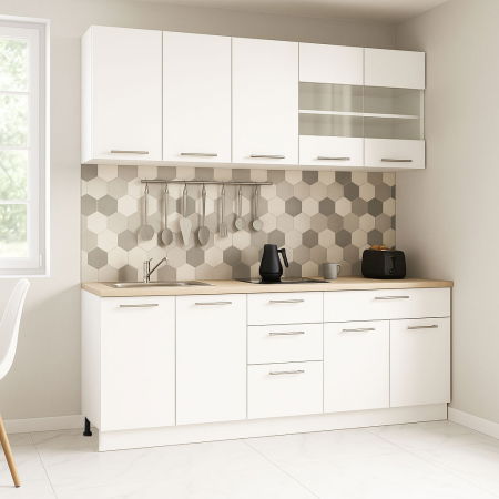 Bucatarii Albe - Set bucatarie GERMANIA 200 cm, 6 corpuri, 4 sertare, blat gros, alb