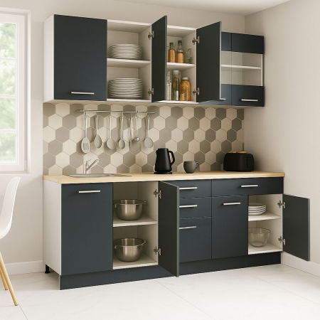 Bucatarii Moderne - Set bucatarie GERMANIA 200 cm, 6 corpuri, 4 sertare, blat gros, antracit