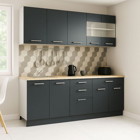 Bucatarii Moderne - Set bucatarie GERMANIA 200 cm, 6 corpuri, 4 sertare, blat gros, antracit