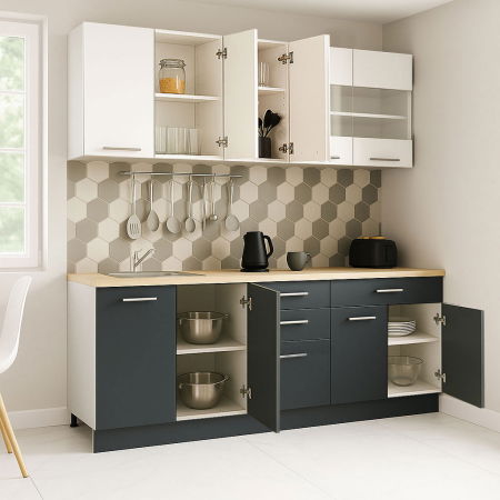 Set bucatarie GERMANIA 200 cm, 6 corpuri, 4 sertare, blat gros, antracit + alb [1]