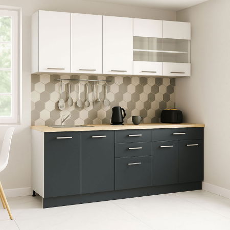 Set bucatarie GERMANIA 200 cm, 6 corpuri, 4 sertare, blat gros, antracit + alb [0]