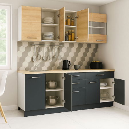 Bucatarii Moderne - Set bucatarie GERMANIA 200 cm, 6 corpuri, 4 sertare, blat gros, antracit + sonoma