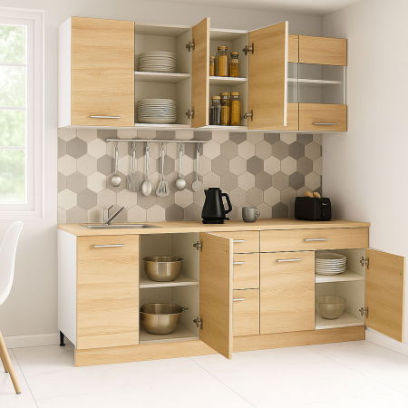 Bucatarii Moderne - Set bucatarie GERMANIA 200 cm, 6 corpuri, 4 sertare, blat gros, sonoma