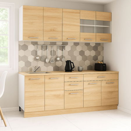 Bucatarii Moderne - Set bucatarie GERMANIA 200 cm, 6 corpuri, 4 sertare, blat gros, sonoma