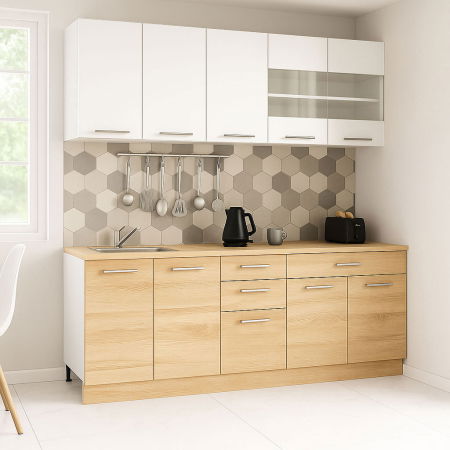 Set bucatarie GERMANIA 200 cm, 6 corpuri, 4 sertare, blat gros, sonoma + alb [0]