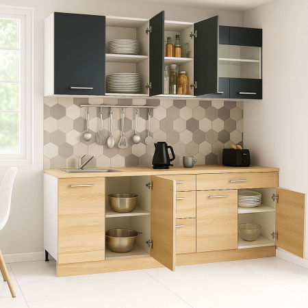 Bucatarii Moderne - Set bucatarie GERMANIA 200 cm, 6 corpuri, 4 sertare, blat gros, sonoma + antracit