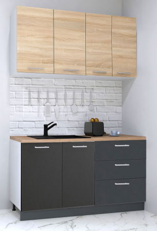 Produs în România - Set bucatarie GERMANIA 140 cm, 4 corpuri, 3 sertare, blat gros, antracit + sonoma