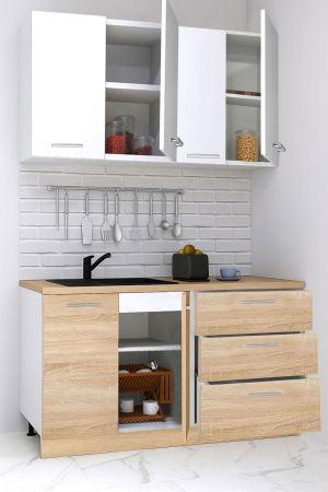 Bucatarii Moderne - Set bucatarie GERMANIA 140 cm, 4 corpuri, 3 sertare, blat gros, sonoma + alb