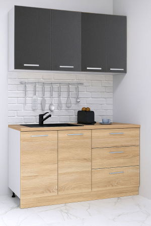 Produs în România - Set bucatarie GERMANIA 140 cm, 4 corpuri, 3 sertare, blat gros, sonoma + antracit
