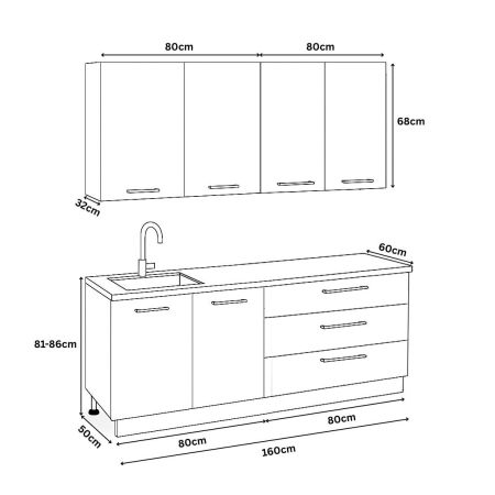 Bucatarii Moderne - Set bucatarie GERMANIA 160 cm, 4 corpuri, 3 sertare, blat gros, alb