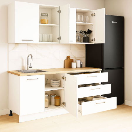 Bucatarii Moderne - Set bucatarie GERMANIA 160 cm, 4 corpuri, 3 sertare, blat gros, alb