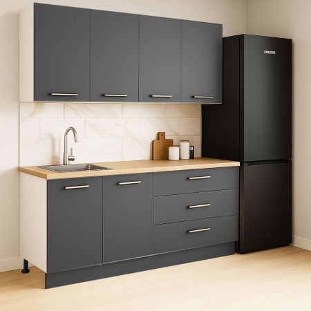 Produs în România - Set bucatarie GERMANIA 160 cm, 4 corpuri, 3 sertare, blat gros, antracit