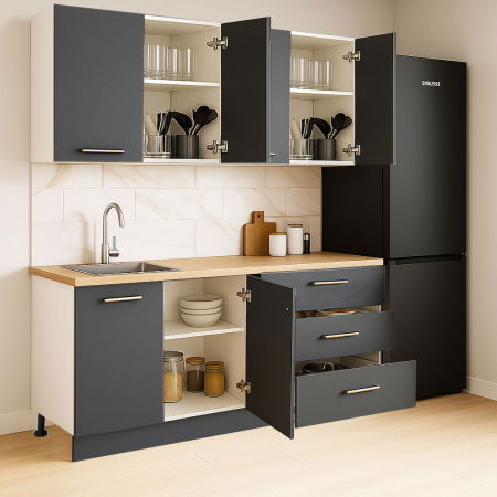 Produs în România - Set bucatarie GERMANIA 160 cm, 4 corpuri, 3 sertare, blat gros, antracit