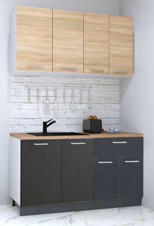 Produs în România - Set bucatarie GERMANIA 140 cm, 4 corpuri, 1 sertar, blat gros, antracit + sonoma