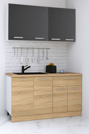 Produs în România - Set bucatarie GERMANIA 140 cm, 4 corpuri, 1 sertar, blat gros, sonoma + antracit