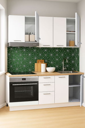 Bucatarii Moderne - Set bucatarie GERMANIA 160 cm, 6 corpuri, corp cuptor, 3 sertare, blat gros, alb