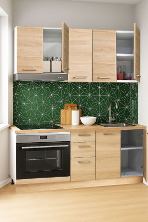 Produs în România - Set bucatarie GERMANIA 160 cm, 6 corpuri, corp cuptor, 3 sertare, blat gros, sonoma