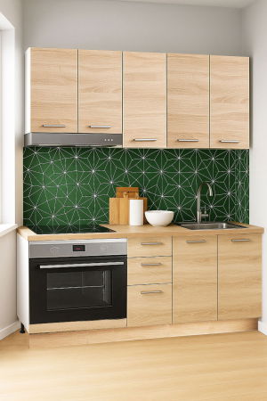 Produs în România - Set bucatarie GERMANIA 160 cm, 6 corpuri, corp cuptor, 3 sertare, blat gros, sonoma