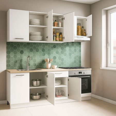 Bucatarii Moderne - Set bucatarie GERMANIA 180 cm, 6 corpuri, corp cuptor, 1 sertar, blat gros, alb