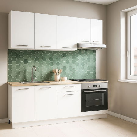 Bucatarii Moderne - Set bucatarie GERMANIA 180 cm, 6 corpuri, corp cuptor, 1 sertar, blat gros, alb