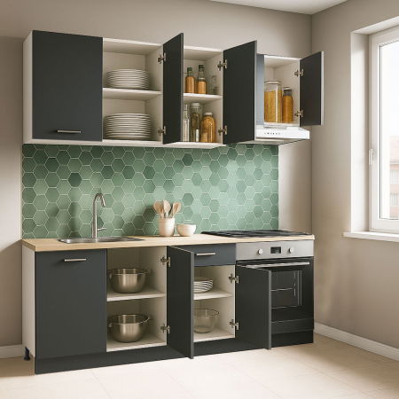 Bucatarii Moderne - Set bucatarie GERMANIA 180 cm, 6 corpuri, corp cuptor, 1 sertar, blat gros, antracit