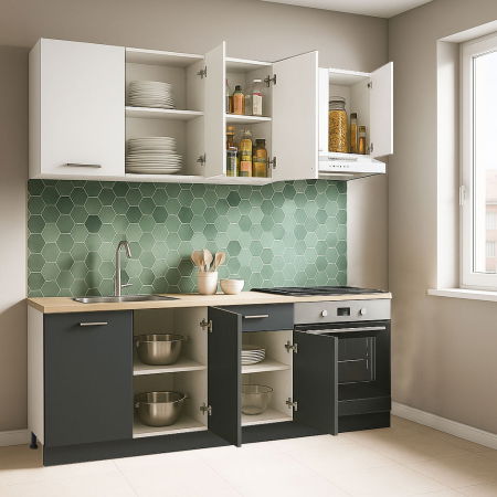 Bucatarii Moderne - Set bucatarie GERMANIA 180 cm, 6 corpuri, corp cuptor, 1 sertar, blat gros, antracit + alb