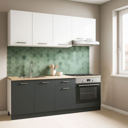 Bucatarii Moderne - Set bucatarie GERMANIA 180 cm, 6 corpuri, corp cuptor, 1 sertar, blat gros, antracit + alb