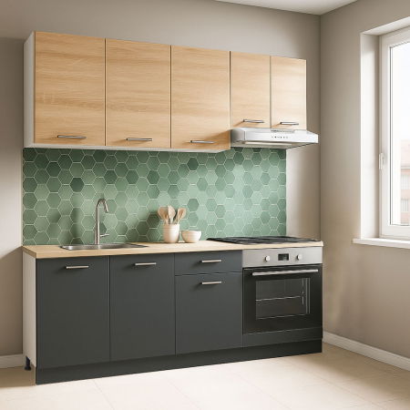 Produs în România - Set bucatarie GERMANIA 180 cm, 6 corpuri, corp cuptor, 1 sertar, blat gros, antracit + sonoma